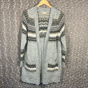 Maurices Longline Fair Isle Cardigan Heathered Gray Tan White Pockets Sz Medium‎